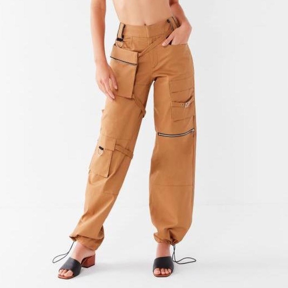 I AM GIA Sz L Tan Cargo Pants No Pouch Drawstring Hem Multiple Pockets